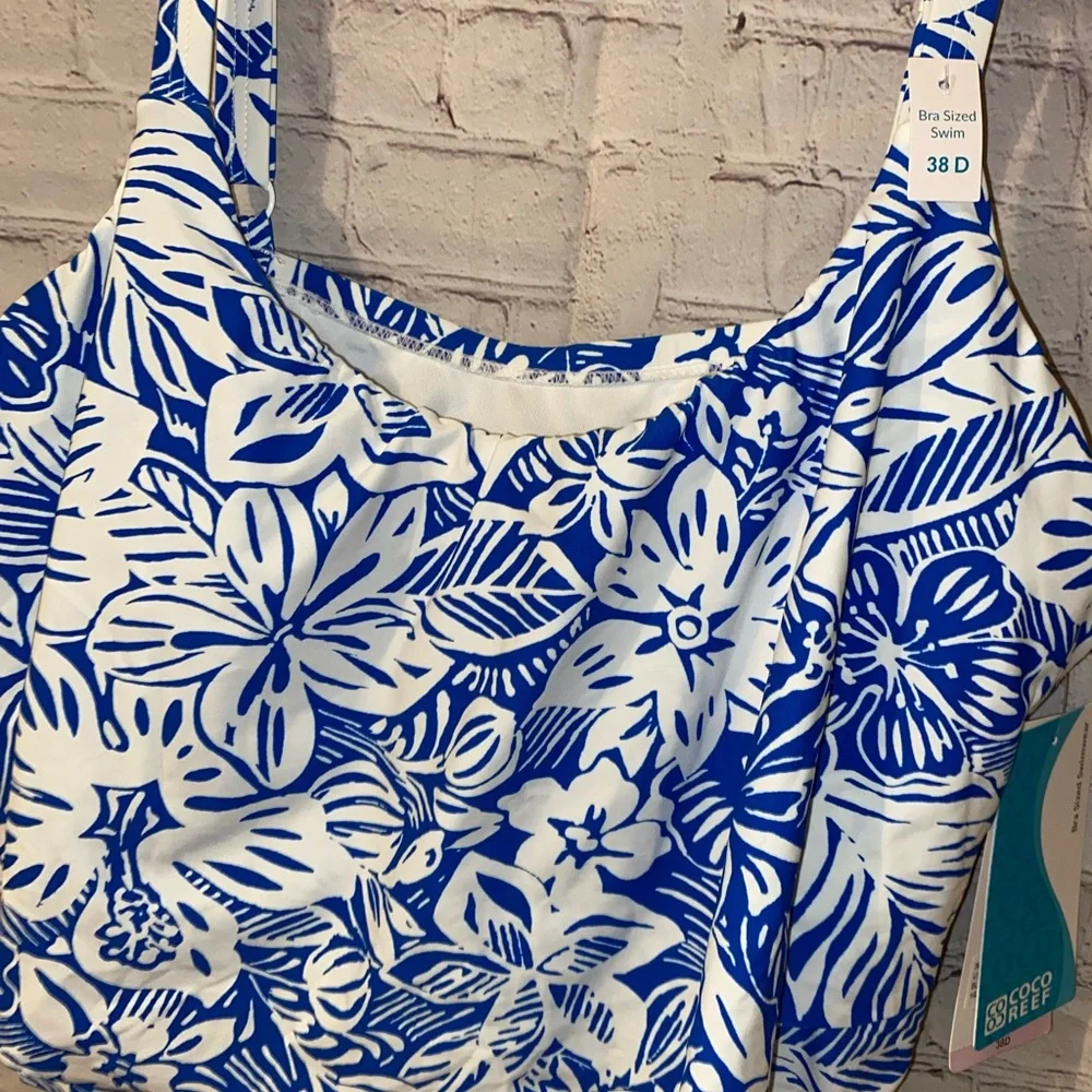 Coco Reef Blue and White Floral Tank One-Piece Swimsuit - Picture 2 of 6